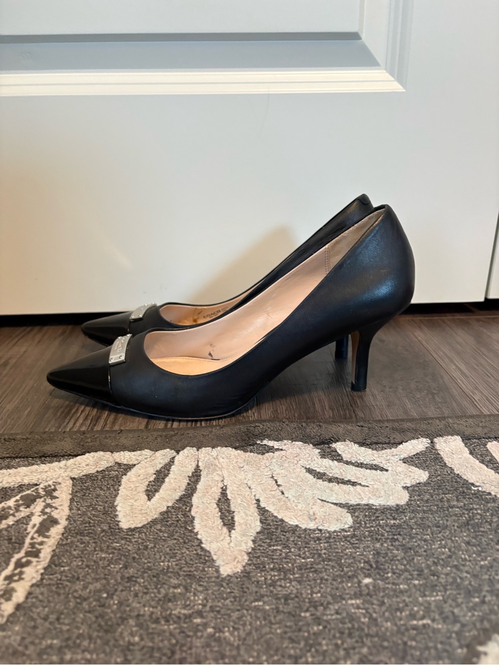 Coach Black Leather Pointed Toe Pumps with Patent Cap - Picture 4 of 7